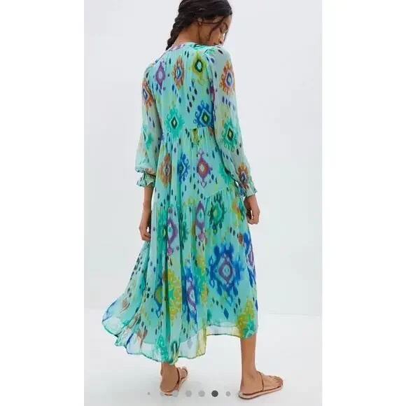 ANTHROPOLOGIE Serenade Turquoise Ikat Pullover Boho Maxi Dress Sz M *FLAW* - Picture 2 of 15
